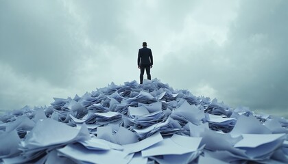 Overwhelmed businessman stands on huge paper mountain. Male pro in suit faces massive workload, documentation. Concept of bureaucracy stress burnout information overload, corporate challenge with
