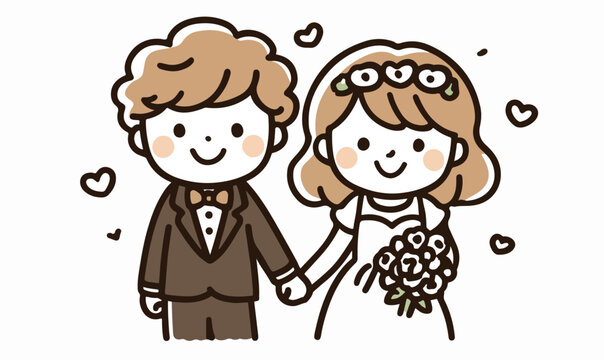 Casal de noivos feliz de m&atilde;os dadas em um dia de casamento com cora&ccedil;&otilde;es ao redor, ilustra&ccedil;&atilde;o vetorial.