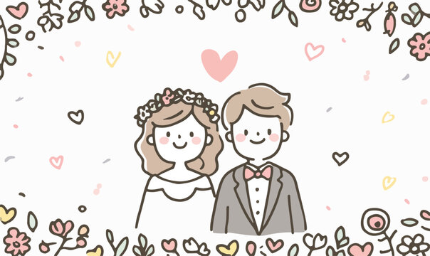 Casal de noivos em estilo de desenho animado, cercado por flores e cora&ccedil;&otilde;es, celebrando o amor e o casamento.