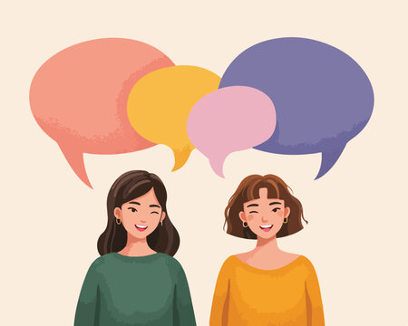 Duas mulheres sorrindo com bal&otilde;es de fala coloridos acima de suas cabe&ccedil;as, representando comunica&ccedil;&atilde;o.