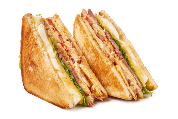 Indulge in a Delicious Club Sandwich featuring Crispy Layers of Flavorful Meat and Fresh Vegetables
