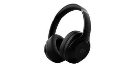 Black overear headphones with plush earcups, isolated on transparent background