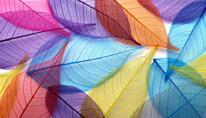 A beautiful abstract composition of multi-colored transparent skeleton leaves, showcasing the delicate vein structure of nature's art