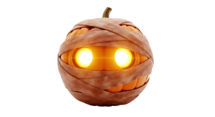 Mummy pumpkin with glowing eyes isolated on transparent background