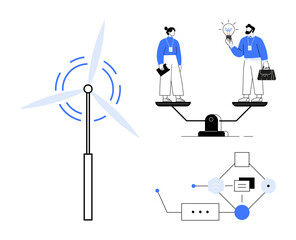 Wind turbine generating energy, two professionals on a balanced scale evaluating innovation, workflow diagram for process optimization. Ideal for teamwork, balance, energy, sustainability