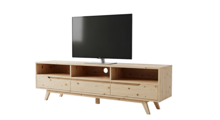Modern wooden tv stand with a flatscreen television, isolated on transparent background