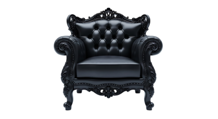 Ornate black baroque armchair isolated on transparent background