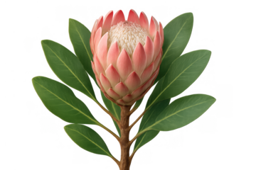 King protea flower blooming, displaying pink petals and green leaves, transparent background
