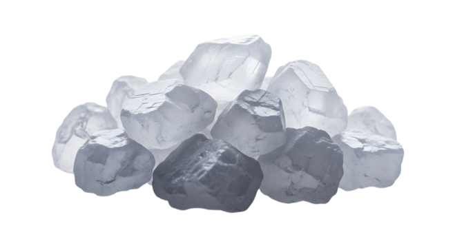 A pile of rough, translucent sugar crystals isolated on transparent background