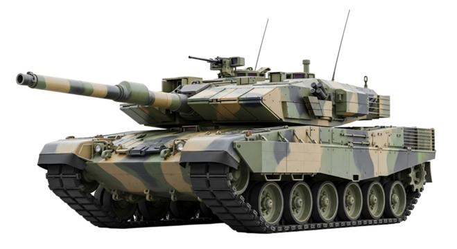 Modern military tank with camouflage paint scheme, isolated on transparent background