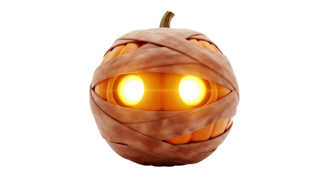 Mummy pumpkin with glowing eyes isolated on transparent background
