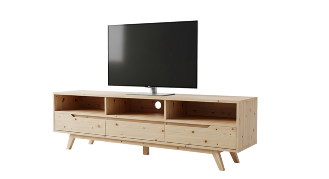 Modern wooden tv stand with a flatscreen television, isolated on transparent background - Powered by Adobe