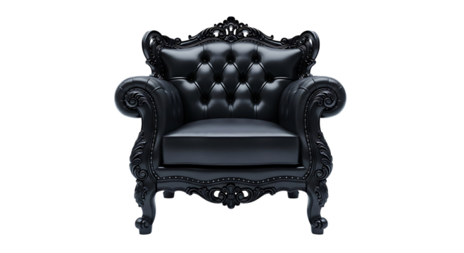 Ornate black baroque armchair isolated on transparent background