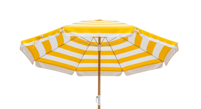 Yellow and white striped beach umbrella isolated on transparent background