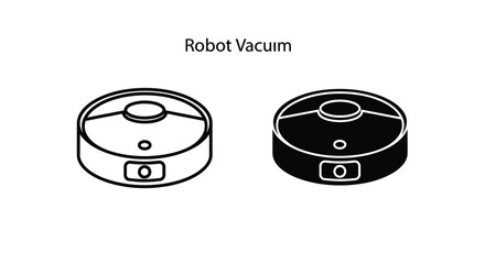 Vector illustration of a smart robot vacuum cleaner, shown as a line art icon and a solid black silhouette.