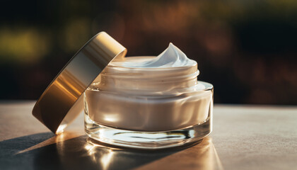 A jar of rich, moisturizing cosmetic cream with a soft peak, representing luxury skincare and natural beauty products with a blurred background