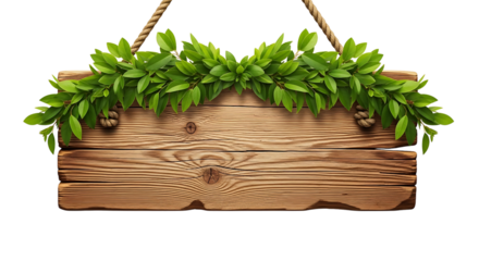 Rustic wooden sign adorned with a lush green laurel leaf garland, isolated on transparent background