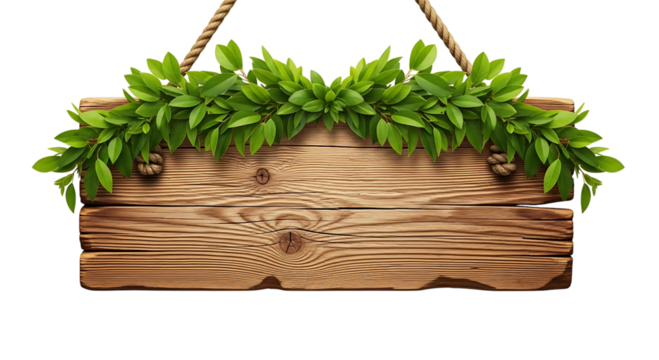 Rustic wooden sign adorned with a lush green laurel leaf garland, isolated on transparent background