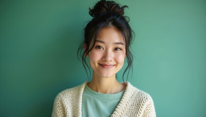 Young asian woman with messy bun hairstyle smiles gently wearing casual sweater. She looks directly at camera with soft expression against a plain green wall background.