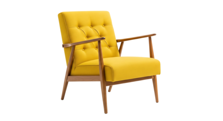 Midcentury modern yellow armchair with wooden frame, isolated on transparent background