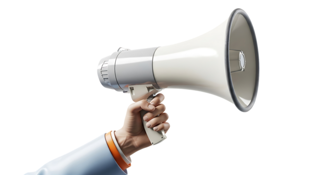 Hand holding a white and gray megaphone isolated on transparent background - Powered by Adobe