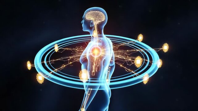 Abstract visualization of the human nervous system with glowing energy pathways and neural network connections