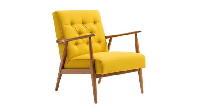 Midcentury modern yellow armchair with wooden frame, isolated on transparent background