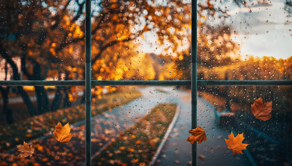 Autumnal park view through a rain-streaked window with falling leaves