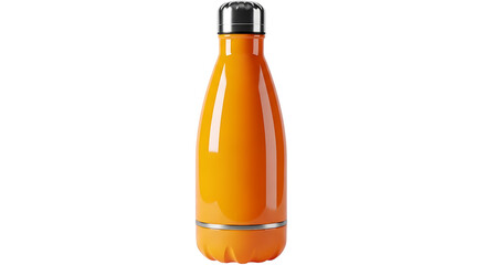 Orange thermos water bottle with silver accents, isolated on transparent background