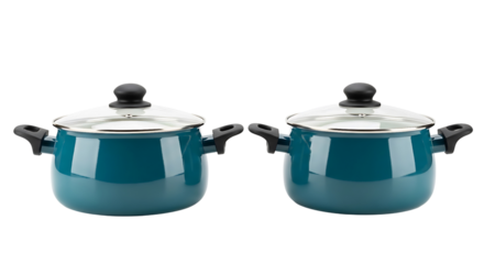 Two teal cooking pots with lids isolated on transparent background