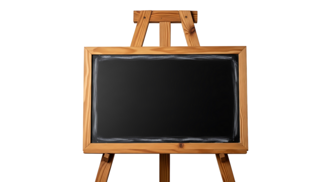 A blank black chalkboard on a wooden easel, isolated on transparent background