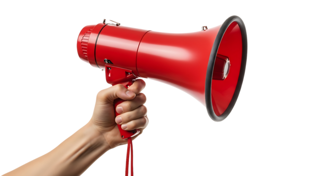 Red megaphone held by a hand, isolated on transparent background