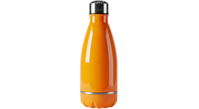 Orange thermos water bottle with silver accents, isolated on transparent background