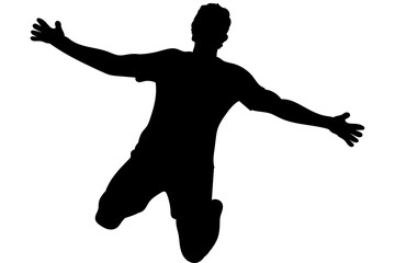 Illustration of a soccer player's silhouette jumping with arms outstretched and legs bent backward, celebrating a sporting victory