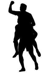 Silhouette of two soccer players celebrating a goal, with one carrying the other, on a white background