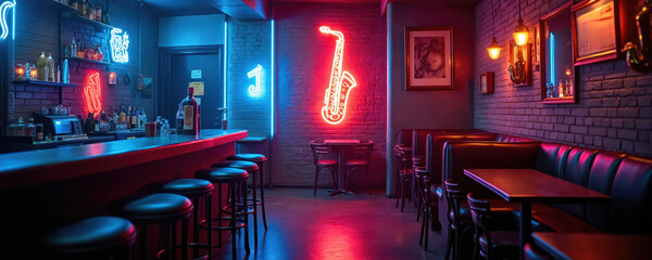 Neon lights illuminate empty jazz bar interior. Saxophone sign glows above tables. Stools line bar counter near liquor bottles. Brick walls add vintage mood. Dark lounge modern stylish bright club
