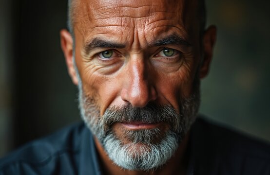 Serious mature man with green eyes, grey beard looks intensely at camera. Handsome bald senior wrinkled skin, confident expression. Closeup portrait of old caucasian male showing wisdom, - Powered by Adobe
