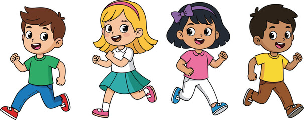 Cartoon children running together, diverse kids in motion, playful activity illustration, energetic pose, fun childhood vector artwork, colorful design