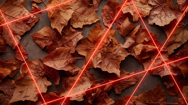 Texture of dried, brittle autumn leaves, finely pressed flat and overlaid with a sparse, repeating pattern of glowing neon red geometric lines.