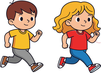 Cartoon children running illustration, boy and girl in motion, playful activity vector, energetic pose, fun childhood artwork, exercise concept design