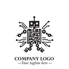 Circuit Robot Logo Symbol in Black on the White Background with Futuristic Tech Design
