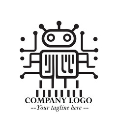Circuit Robot Logo Symbol in Black on the White Background with Futuristic Tech Design
