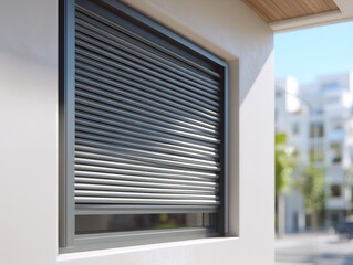 Fototapeta premium Window with closed roller shutter for security and privacy.