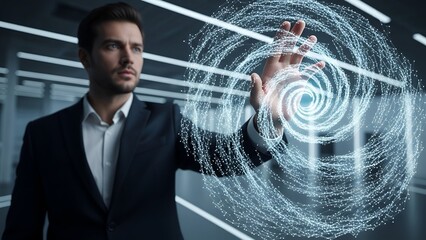 A businessman interacts with a digital swirling energy effect in a futuristic office setting