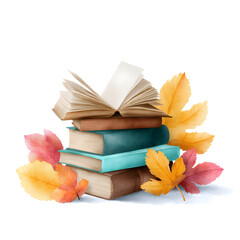 Fall Reading Cozy Stack of Books with Autumn Leaves Illustration for Back-to-School Concept