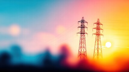 Naklejka premium Stunning sunset showcases power line towers with vibrant colors across the sky.