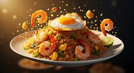 Delicious Shrimp Fried Rice with a Fried Egg and Garnish, Presented Artfully with Floating Ingredients