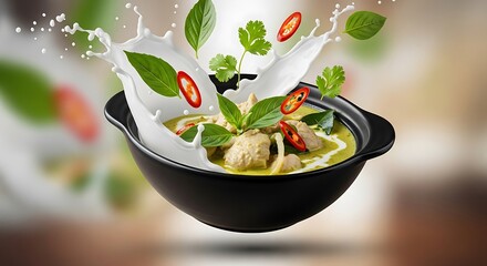 Delicious green curry splashing into a bowl with fresh ingredients and herbs on a blurred background