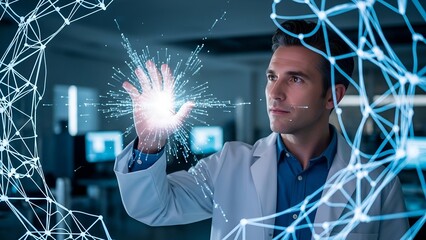 Man in lab coat interacts with glowing network, surrounded by futuristic technology