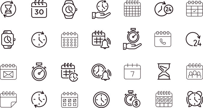 Productivity Chronology Icon Set:Monoline Time Management, Scheduling and Calendar Symbols for SaaS Platforms and Enterprise Systems
